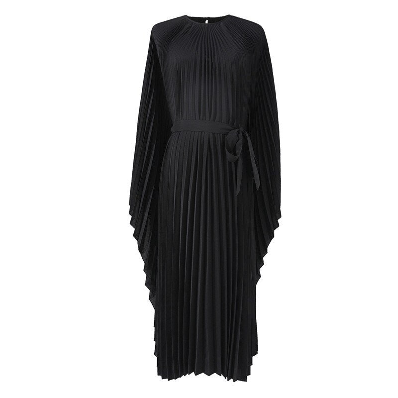 Designer Elegance: Oversized Solid O-Neck Pleated Dress for Chic Evenings and Beach Escapes