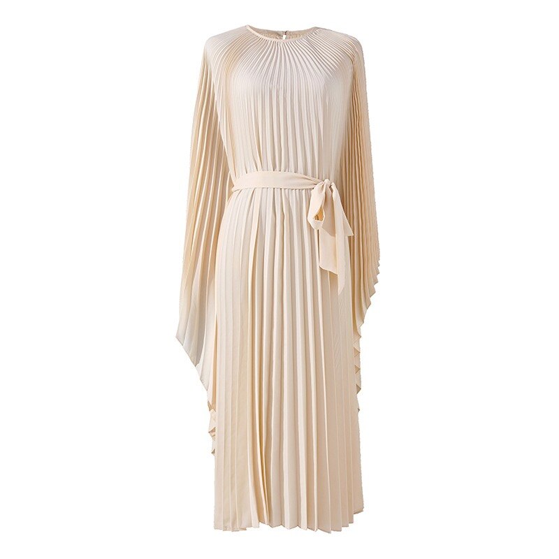 Designer Elegance: Oversized Solid O-Neck Pleated Dress for Chic Evenings and Beach Escapes