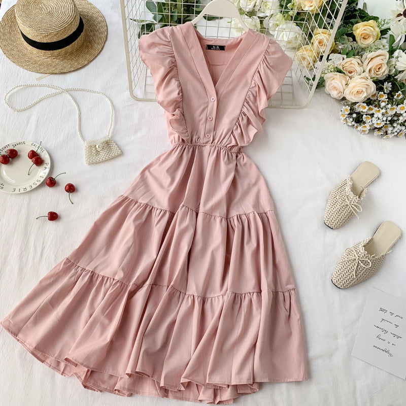 French V-Neck Ruffle Sleeveless Dress