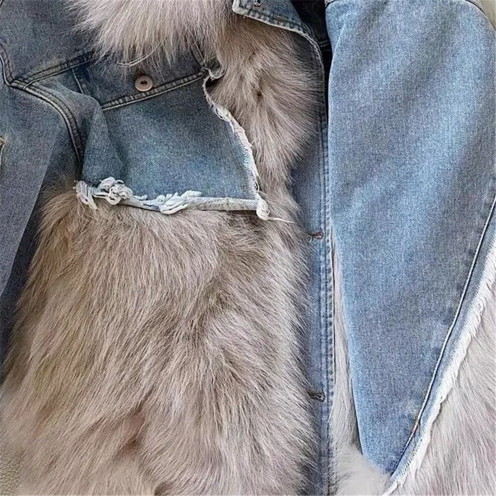 Winter New Denim Stitching Fur Coat Imitation Wool Loose Wool Plus Cotton Thick Cotton Coat