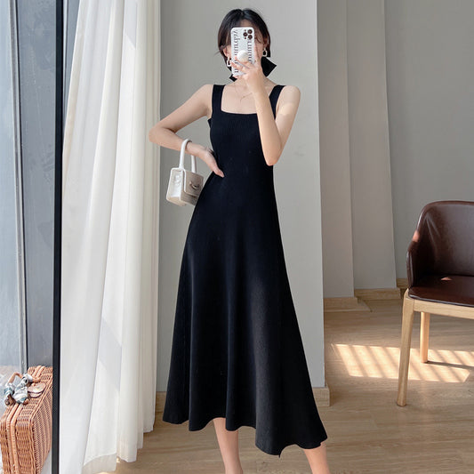 French Design Long Knitted Dress: Chic Suspenders