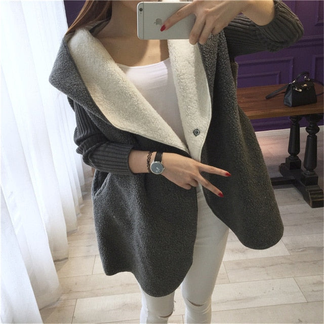 Loose Lamb Wool Cardigan Solid Color Hooded Long Fashion Coat Knitted Sleeve Stitching Warm Jacket