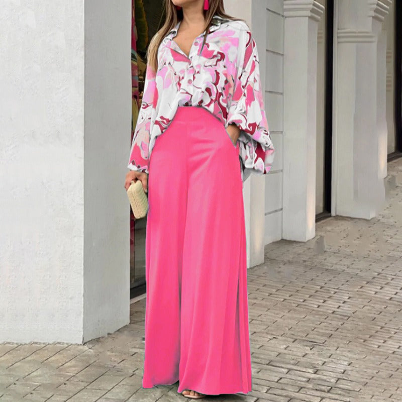 Elegant wide leg pants printed shirt casual set