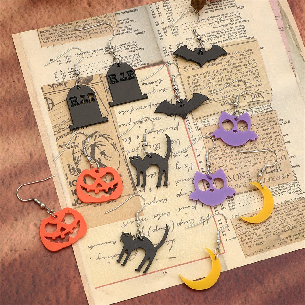 Halloween Geometric Acrylic Earrings Set - 6 Pairs Bat, Cat, Owl, Moon & Pumpkin Ear Hooks