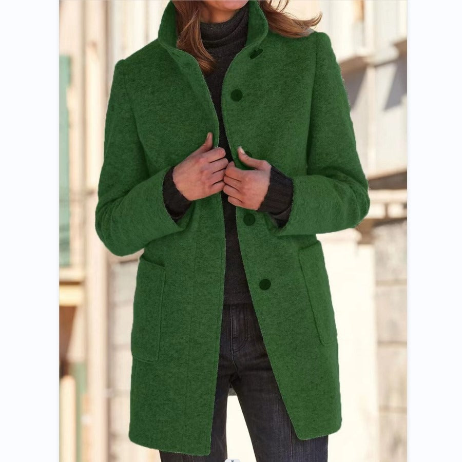 Autumn and Winter Perfect Retro Solid Button Standing Neck Woolen Coat