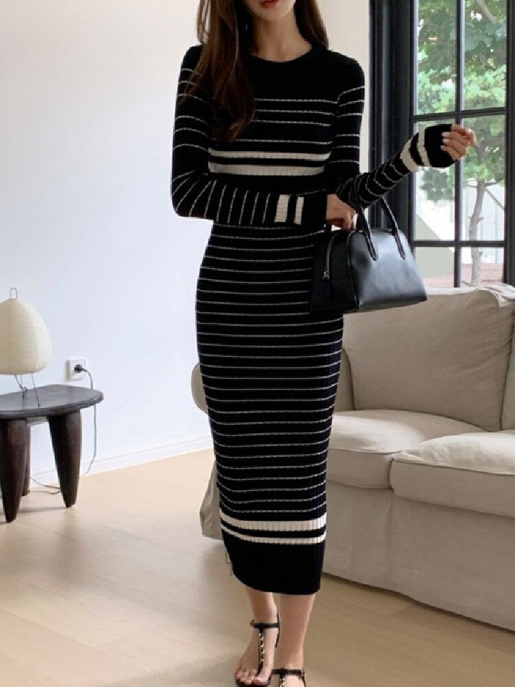 Elegance in Stripes: Korean Slim Knitted Sweater Dress for Chic and Casual Days