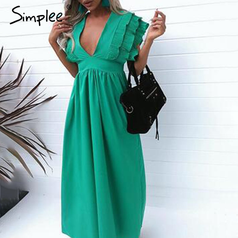 Elegant v neck long Ruffles high waist evening party dress