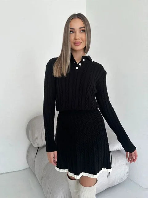 The Bella Knitted Two-Piece Set – Long Sleeve Button Top & Pleated Mini Skirt