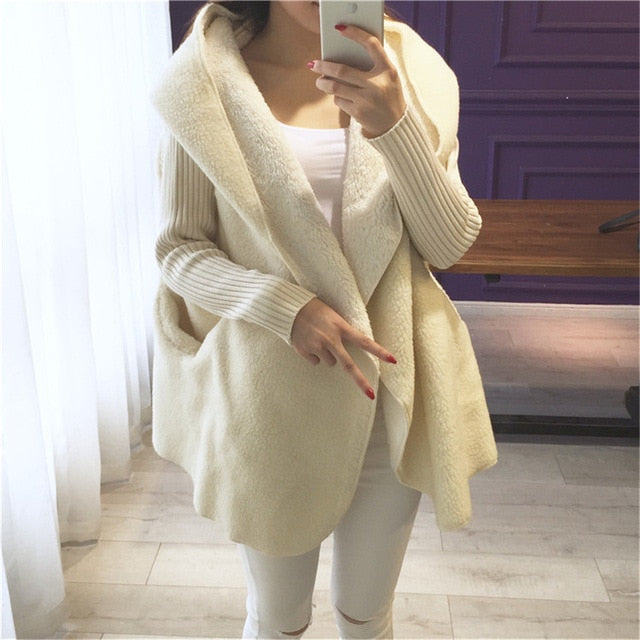 Loose Lamb Wool Cardigan Solid Color Hooded Long Fashion Coat Knitted Sleeve Stitching Warm Jacket