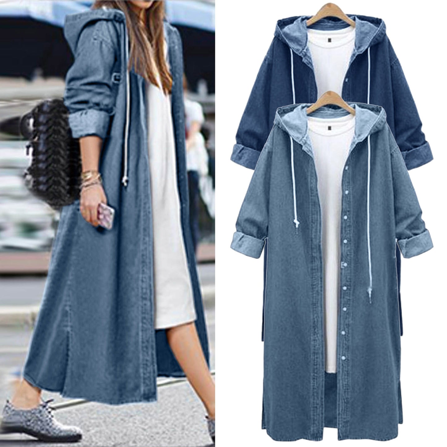 Winter Hooded Denim Coat: Women's Long Overcoat