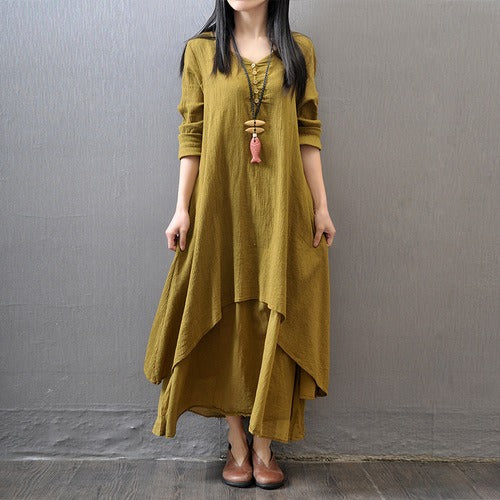 Fake Two-piece long skirt large hem linen dress loose long sleeved cotton linen skirt