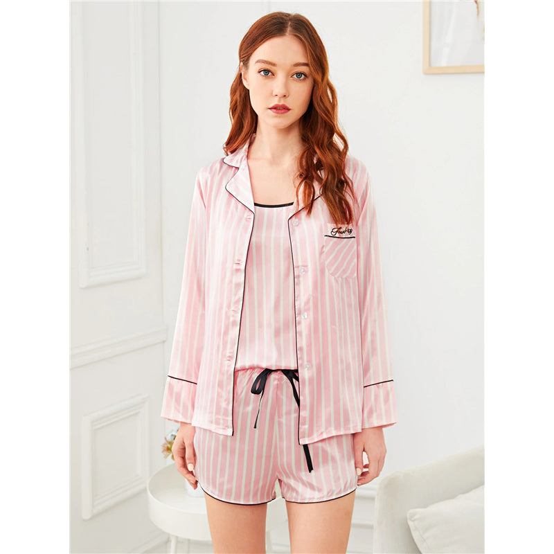 Pink 7-Piece Striped PJ Set: Women's Summer Casual Loungewear