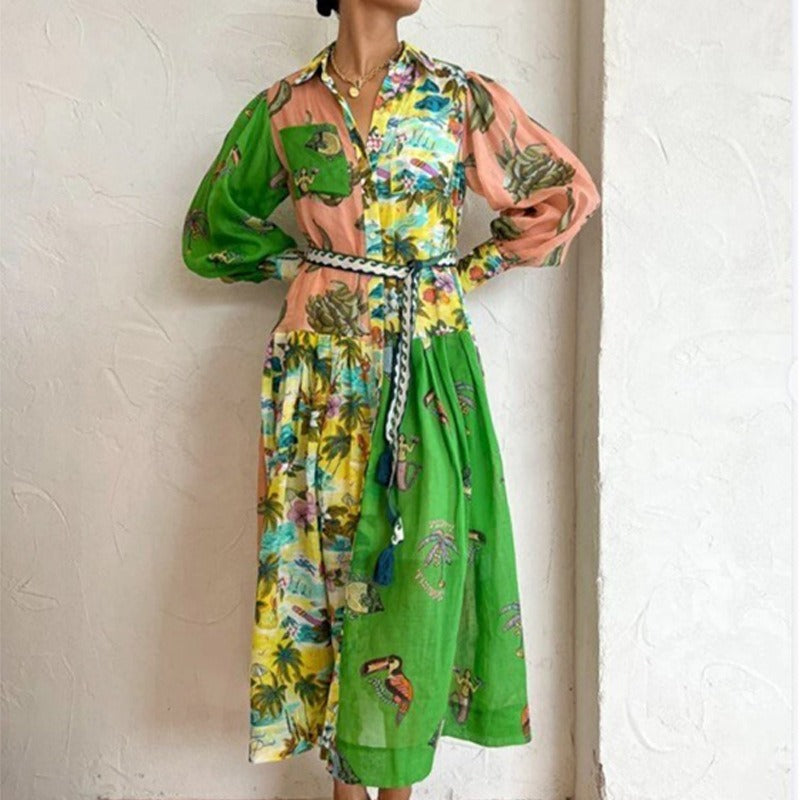 New Printed Lantern Sleeve Waist Dress