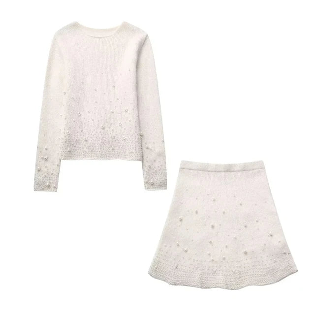 Autumn Winter Pearl Knit Sweater & Mini Skirt Set – Elegant 2-Piece Women's Outfit