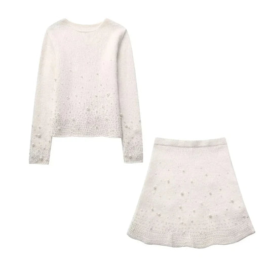 Autumn Winter Pearl Knit Sweater & Mini Skirt Set – Elegant 2-Piece Women's Outfit