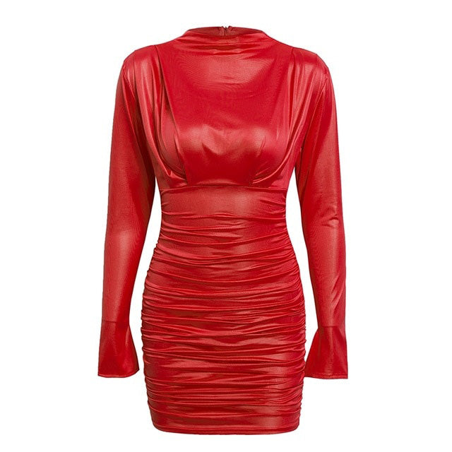 Timeless Elegance: Vintage Ruched Bodycon Dress - Unveil Allure with Satin Mock Neck, Long Sleeve, Perfect for Nightclub Glam!