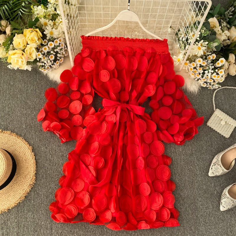 3D Flower Off-Shoulder Chiffon Dress