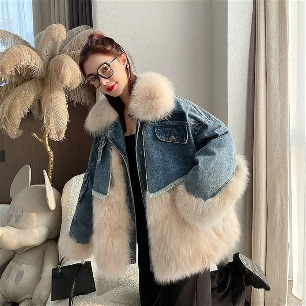 Winter New Denim Stitching Fur Coat Imitation Wool Loose Wool Plus Cotton Thick Cotton Coat