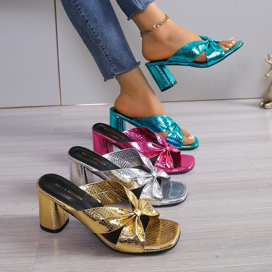 Shiny cross strap high-heeled shoes