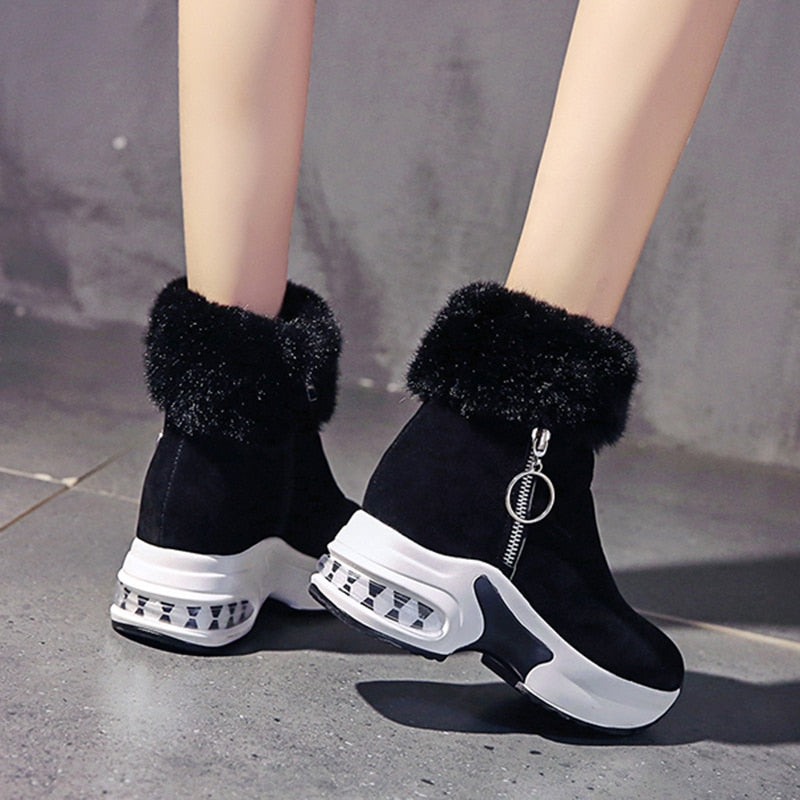 Step into Style and Warmth: Women's High Heel Leather Snow Boots - Warm Plush Wedges for Winter Chic