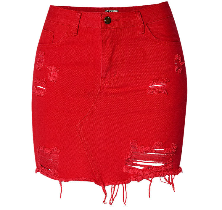 High Waist Denim Skirt: Big Red Irregular Holes