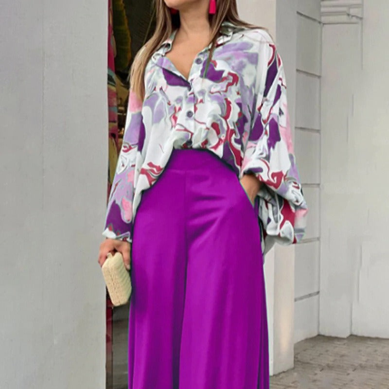 Elegant wide leg pants printed shirt casual set