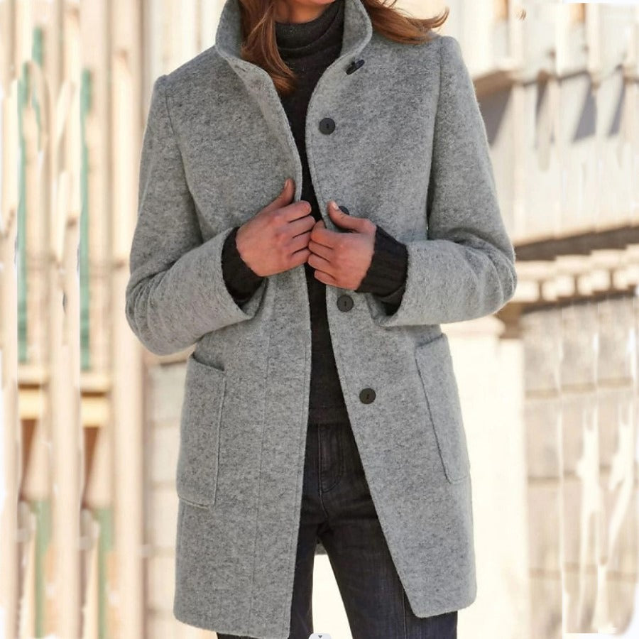 Autumn and Winter Perfect Retro Solid Button Standing Neck Woolen Coat