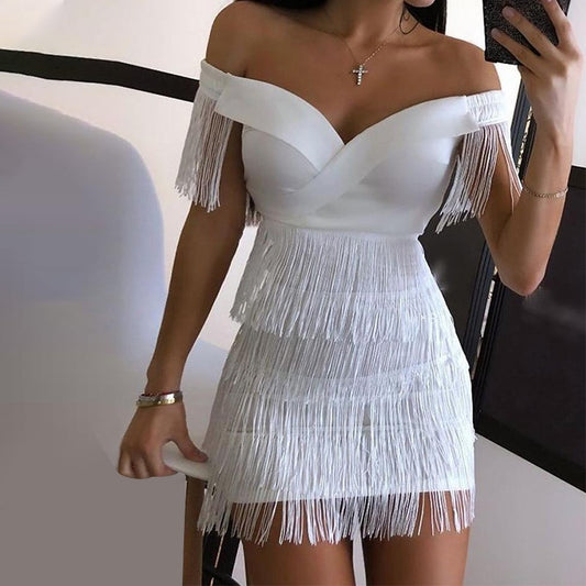 Summer Sizzle: White Off-Shoulder Tassel Mini