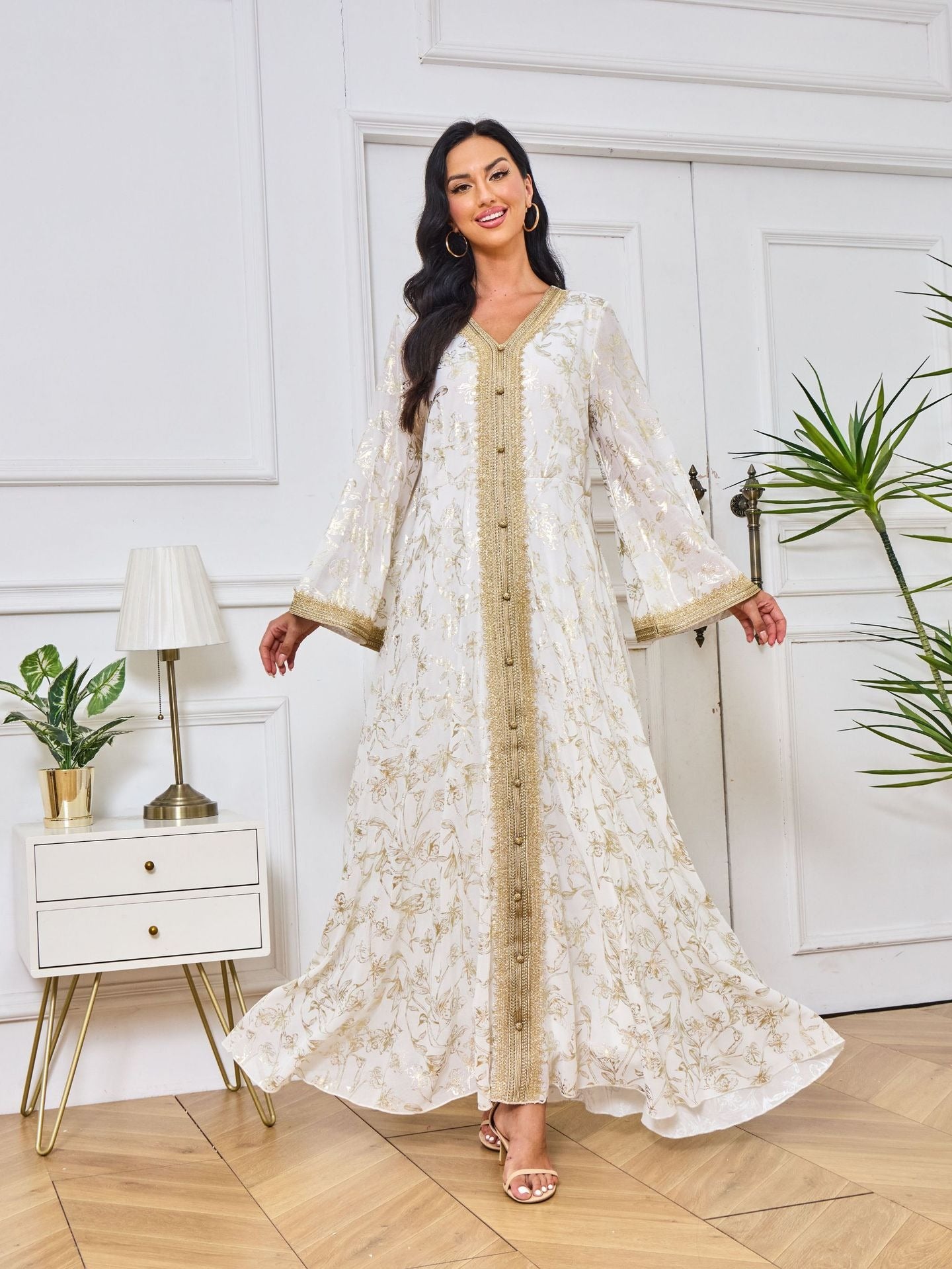 Flower Gold Stamping Moroccan Evening Robe