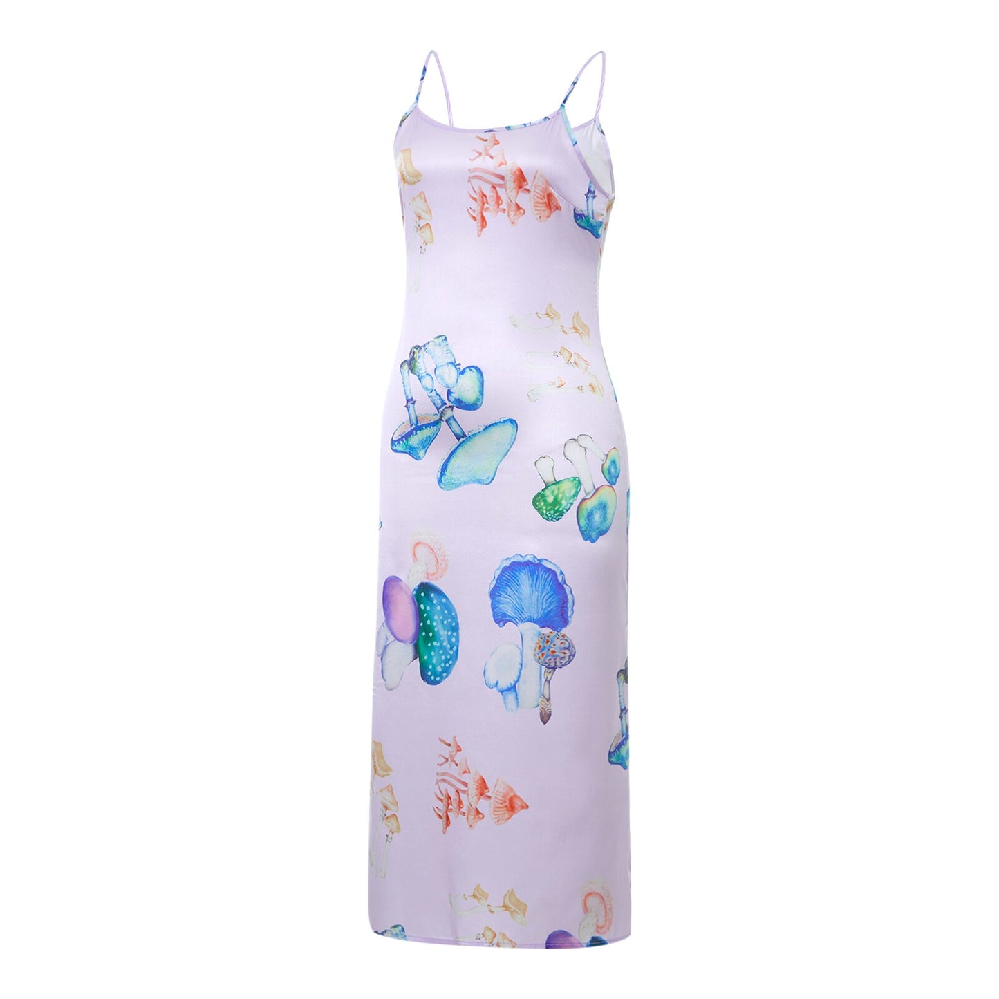 Women's Spaghetti Strap V Neck Mushroom Print Long Dress - Sleeveless Midi Delight for Elegant Evening