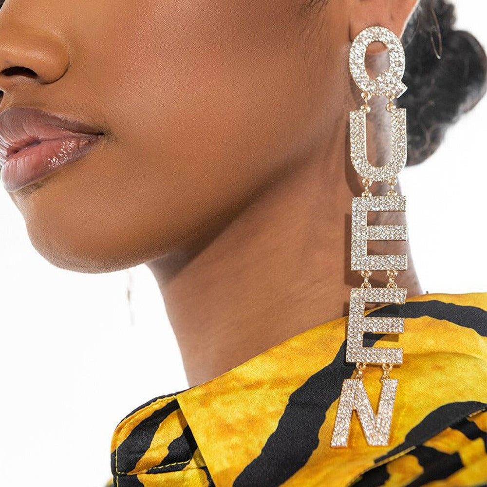 Exaggerate Your Personality with QUEEN Letter Long Earrings Adorned with Full Diamonds