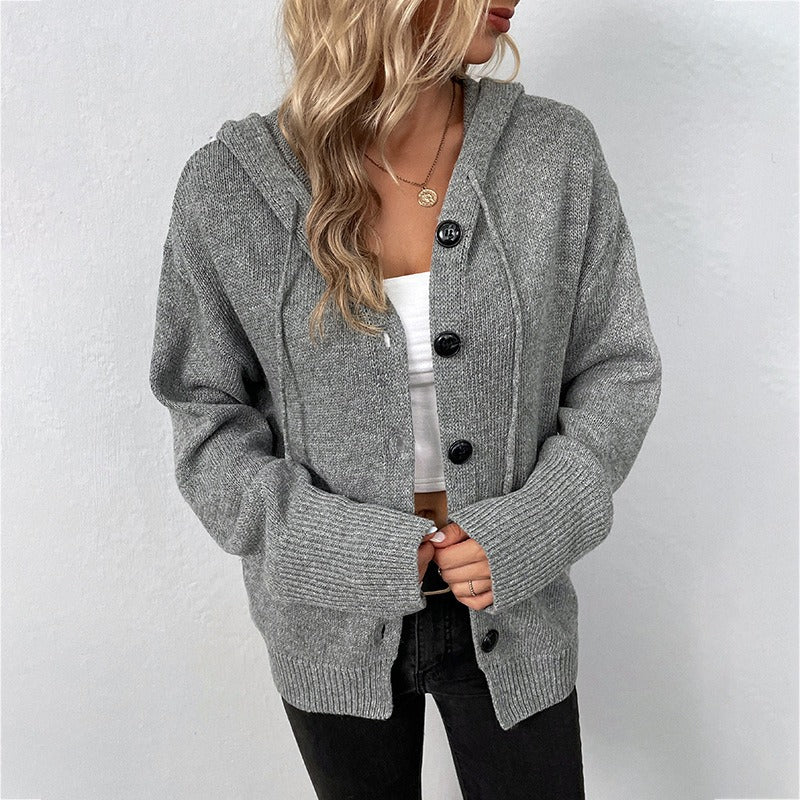 Solid Hooded Single Breasted Sweater Women's New Drawstring Knitted Cardigan Coat