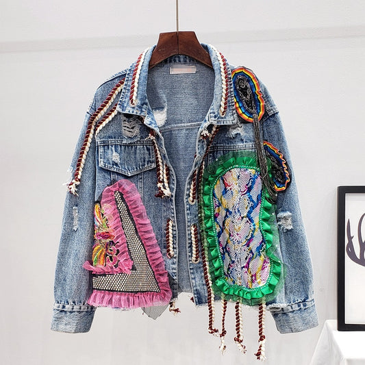 Spring Women Streetwear Patch Denim bomber Jacket Female Personality Short Diamonds Jacket Tassel Jean Coat