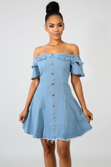 Button Slash Neck Mini Dress