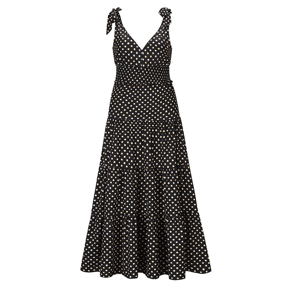 Polka Dot V-Neck Suspender Slim Fit Large Swing Long Dress