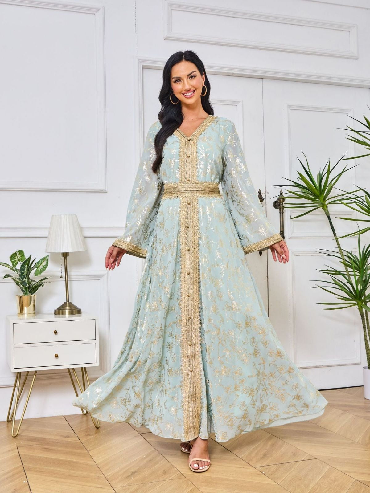 Flower Gold Stamping Moroccan Evening Robe