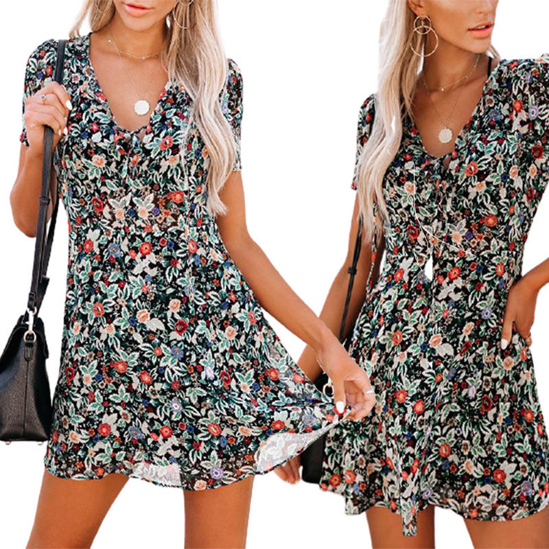 Short Sleeve V-Neck Floral Dress