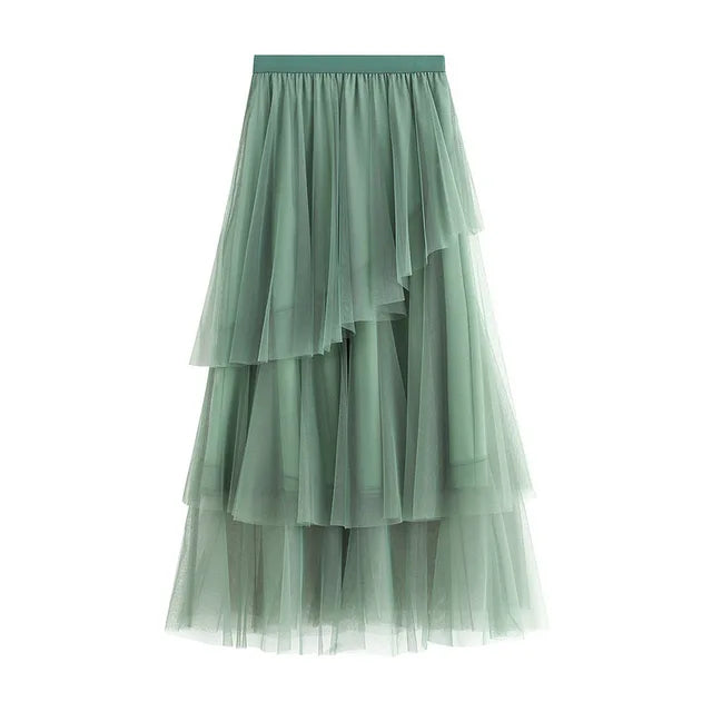 Women Elegant Asymmetrical Cake Tulle Skirt Elastic Waist Midi Mesh Skirt For Spring Summer