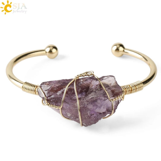 Gold Wire-Wrapped Natural Stone Cuff – Irregular Crystal Quartz Copper