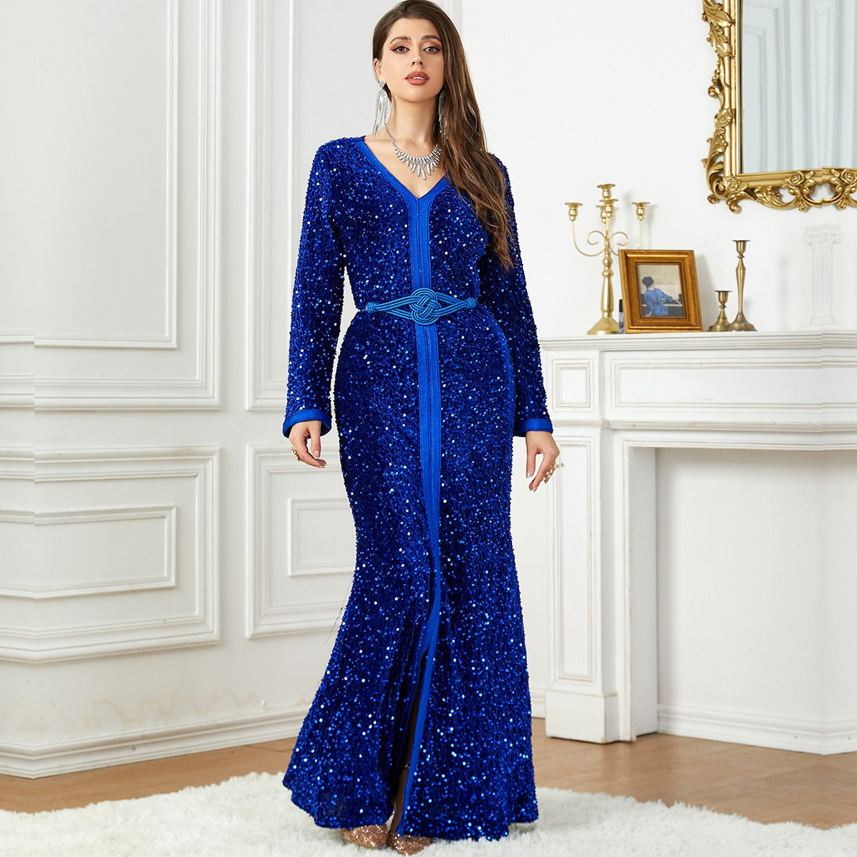 Fashionable Pearl Velvet Evening Dress