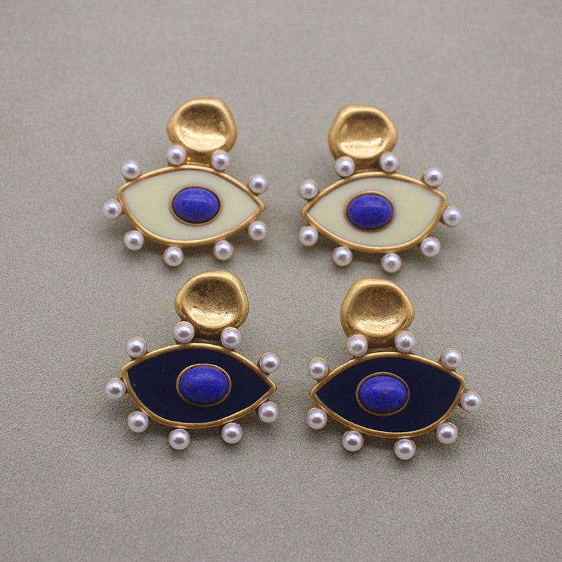 Eye Enamel Stone Vintage Pearl Stud Earrings