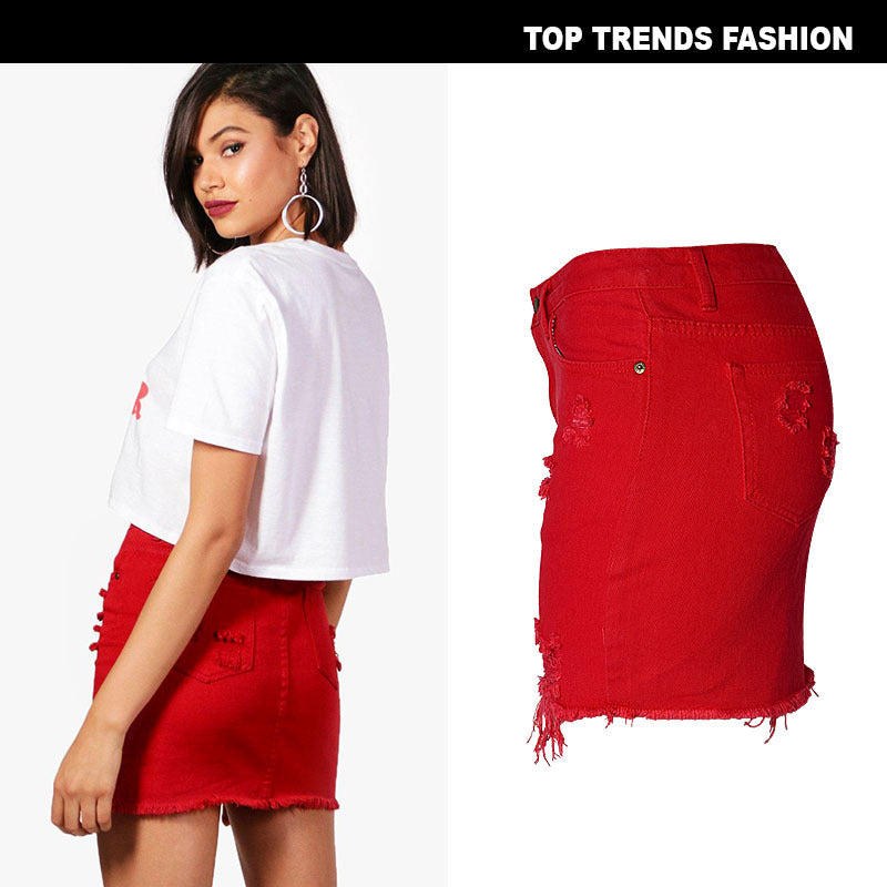 High Waist Denim Skirt: Big Red Irregular Holes