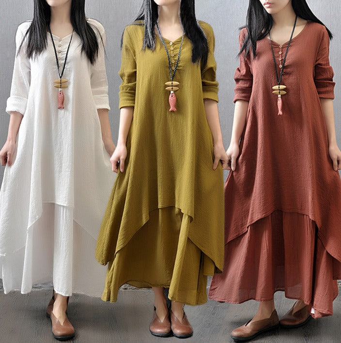 Fake Two-piece long skirt large hem linen dress loose long sleeved cotton linen skirt