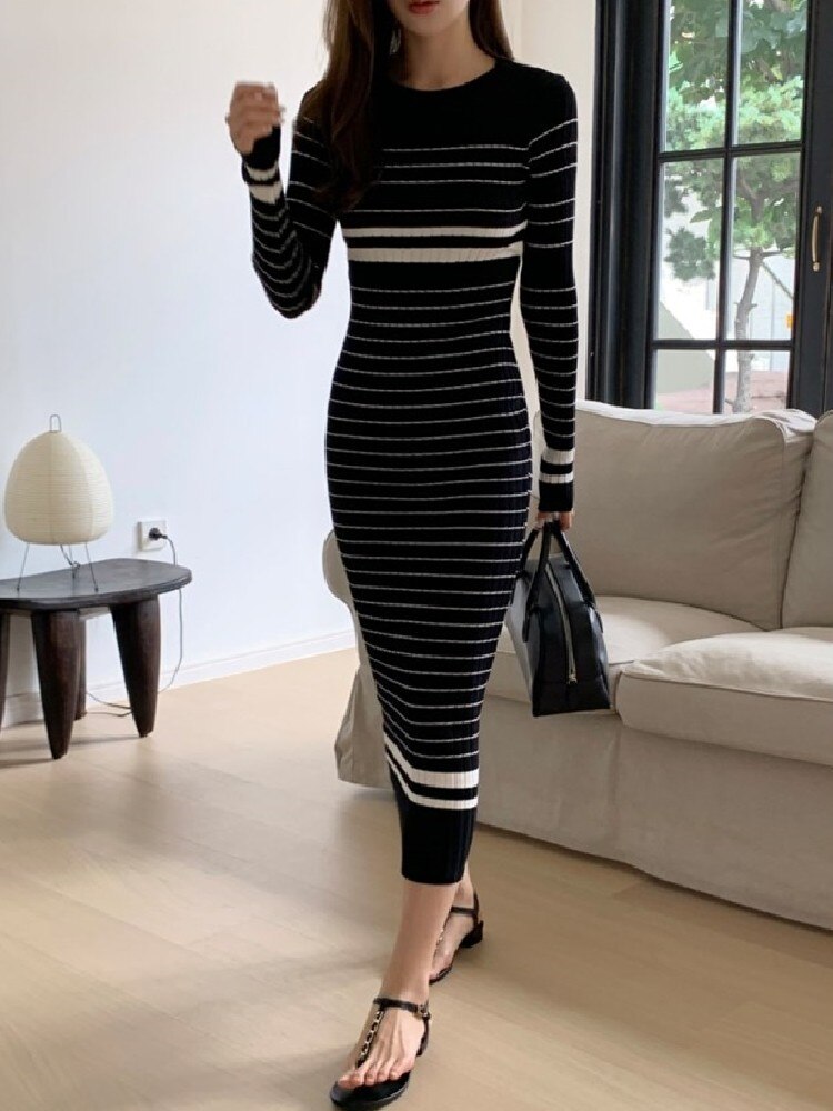 Elegance in Stripes: Korean Slim Knitted Sweater Dress for Chic and Casual Days