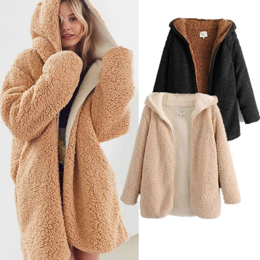 Vintage Style Redefined: Reversible Hooded Lamb Fur Jacket - Warm Bomber Coat with Soft Fleece & Double-Sided Lambswool