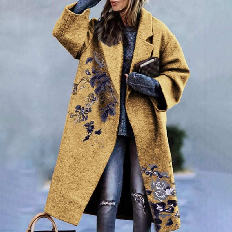 Beautiful Long Sleeve Lapel Printed Woolen Coat