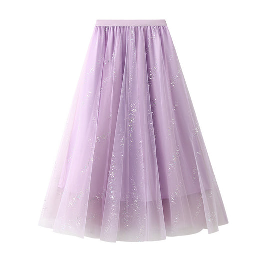 Mesh Large Swing A-line Skirt Flash Yarn Fairy Skirt High Waist Slim Long Skirt