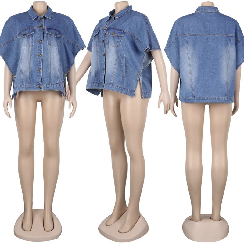 Denim Diva Delight: Batwing Sleeve Buttoned Jeans Jacket - Your Streetwear Essential for Effortless Autumn Chic