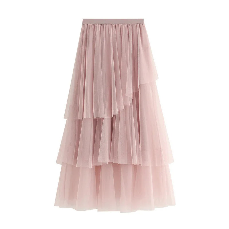 Women Elegant Asymmetrical Cake Tulle Skirt Elastic Waist Midi Mesh Skirt For Spring Summer