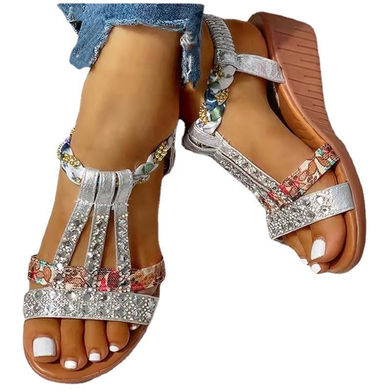 Bohemian style casual set foot water diamond slope heel round toe beach sandals for women